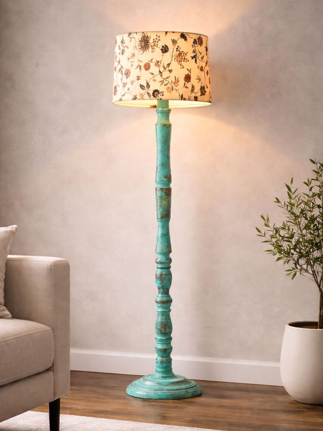 Glowhere Beige & Turquoise Blue Printed Wooden Cylinder Floor Lamps-picture-5