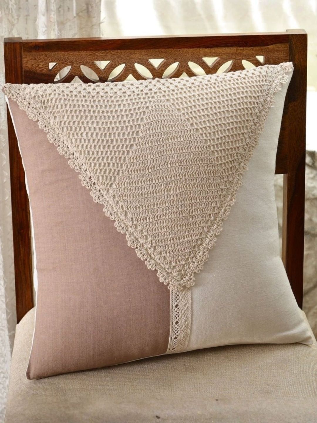 Peepul Tree Taupe & Off White Set of 4 Colourblocked Square Cushion Covers-image-33