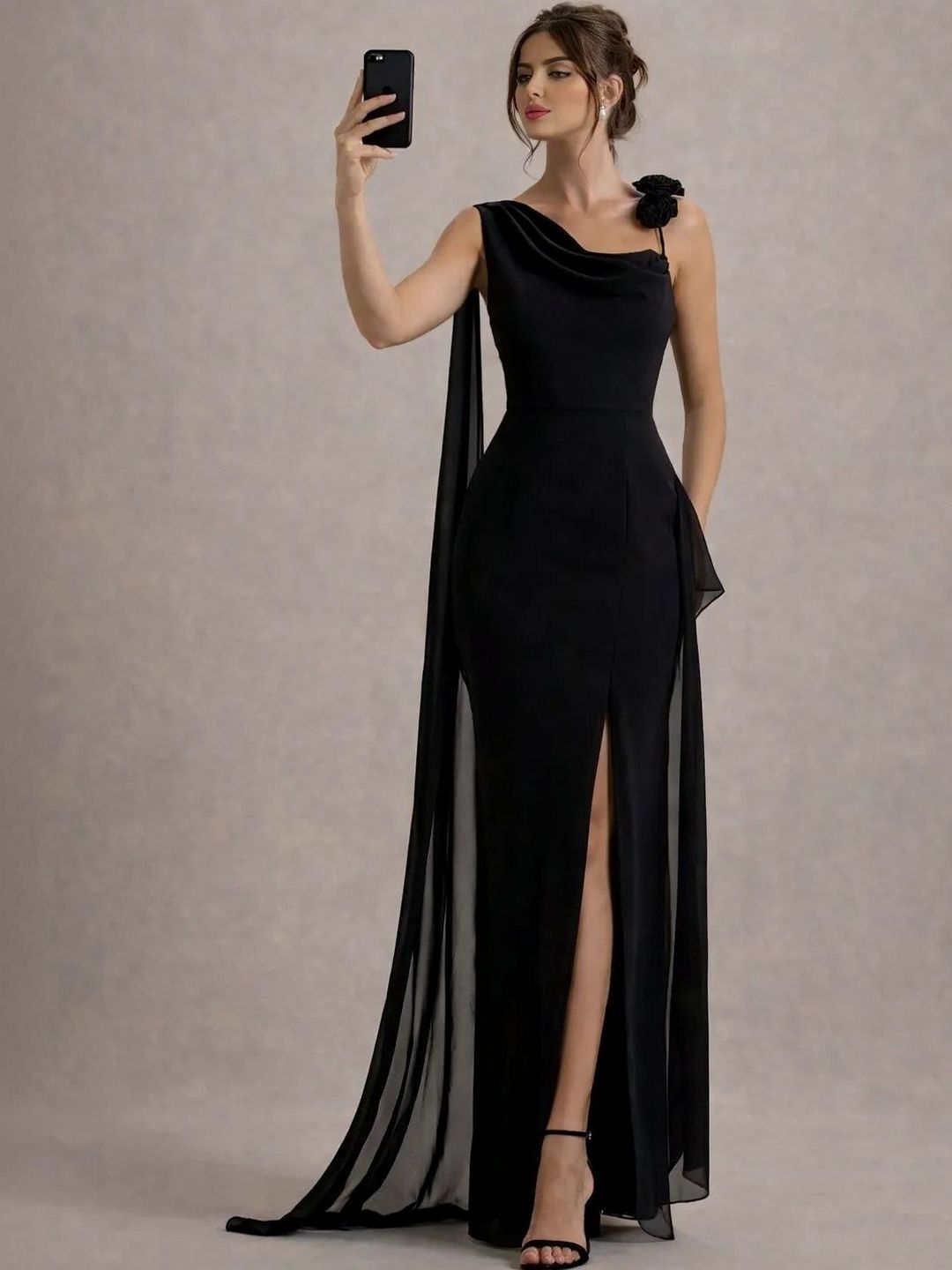 TRAQUILA Cowl Neck Applique Sheath Maxi Dress-picture-30