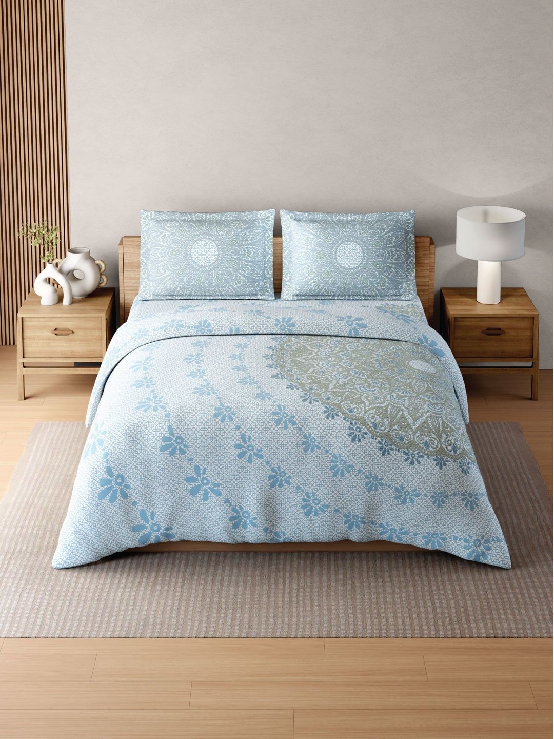 SPACES Blue & White Floral Cotton 4 Piece Double King Superfine Bedding Set-image-18