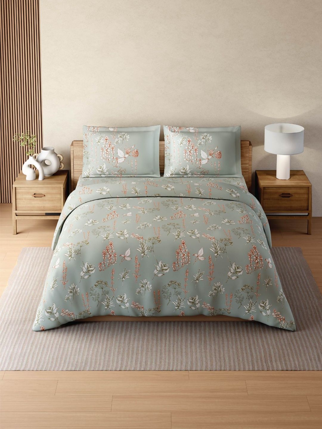 SPACES Grey & White Floral Cotton 4 Piece Double King Superfine Bedding Set-image-26