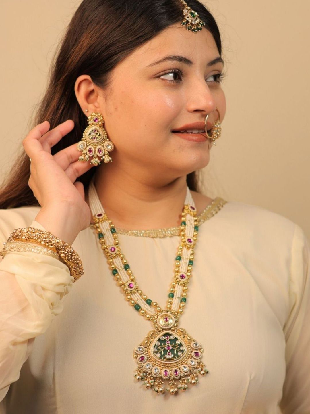 IKSAVA Gold-Plated Ruby Studded & Beaded Traditional Temple Design Jewellery Set-picture-10