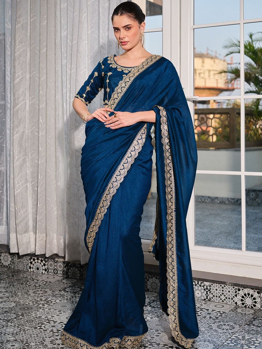 Kalista Embroidered Pure Chiffon Heavy Work Saree With Stiched Blousepiece-image-21