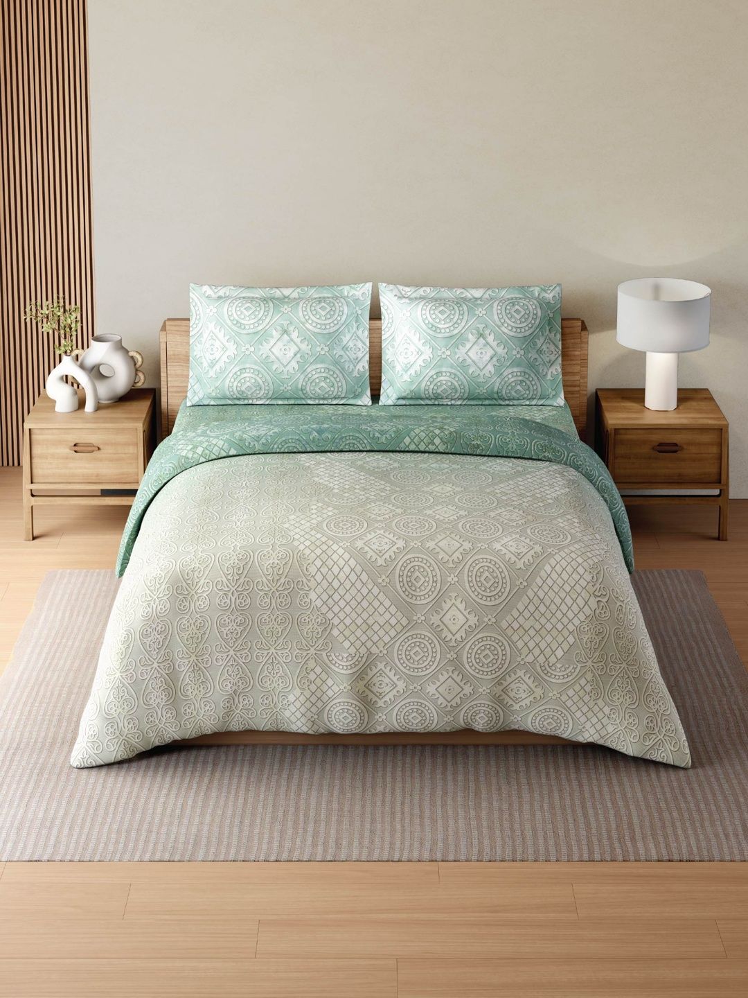 SPACES Teal & Cream-Coloured Geometric Cotton 4 Piece Double King Superfine Bedding Set-image-27