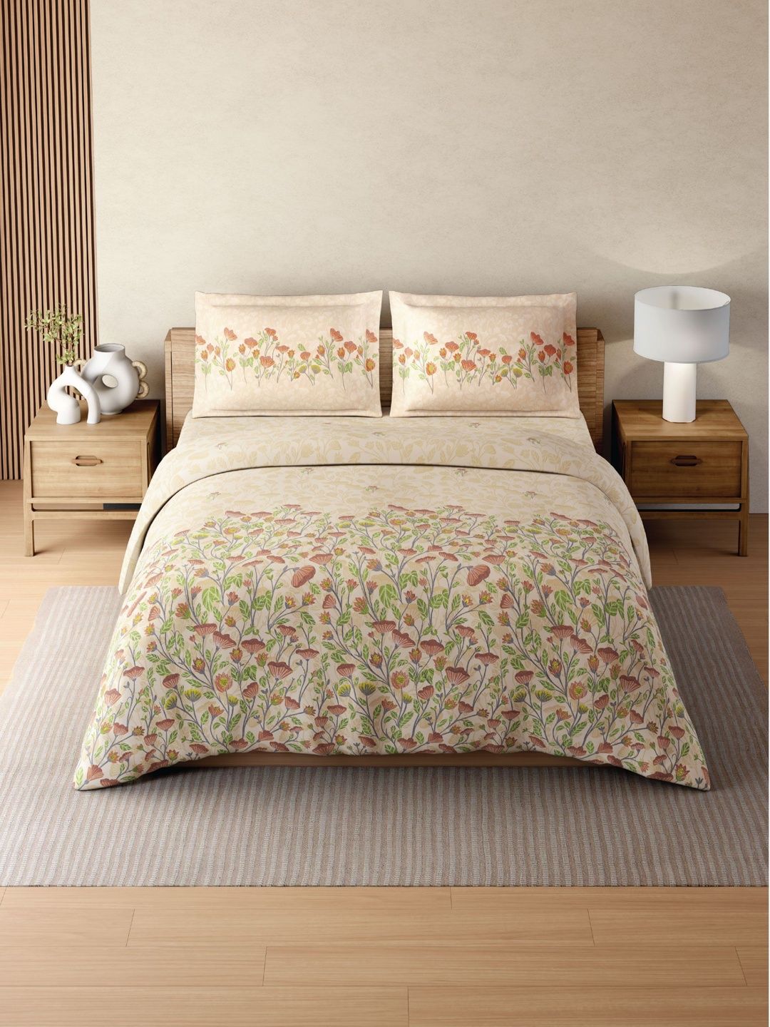 SPACES Beige & Green Floral Cotton 4 Piece Double King Superfine Bedding Set-image-8