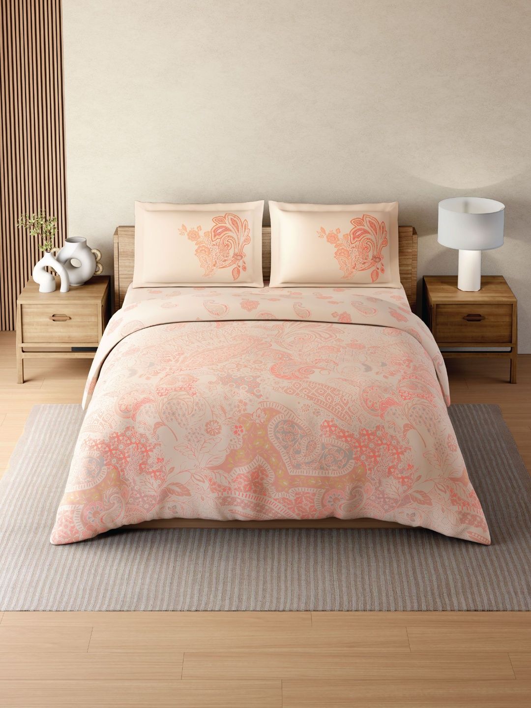 SPACES Orange & Cream-Coloured Floral Cotton 4 Piece Double King Superfine Bedding Set-image-46