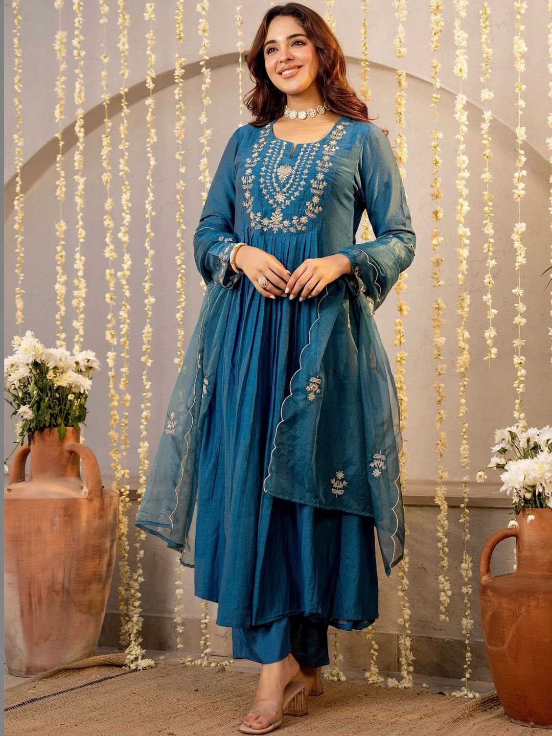 Keitra Women Ethnic Motifs Embroidered Thread Work Pure Silk Kurta with Trousers & Dupatta