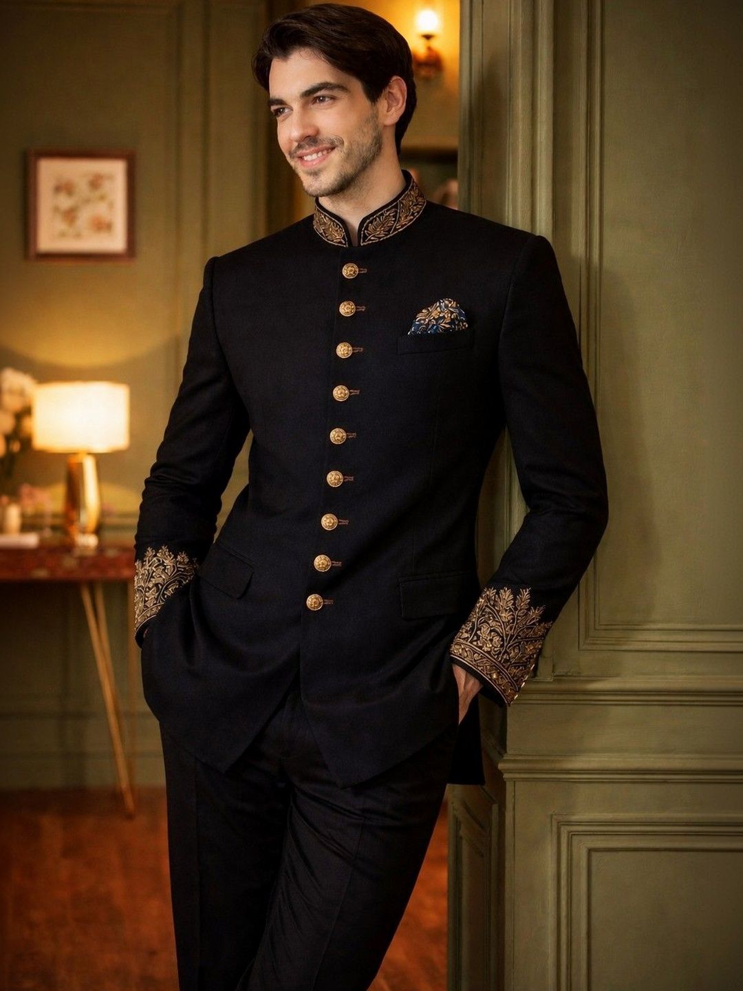 House of Pataudi Mandarin Collar Tailored Fit Jodhpuri Blazers