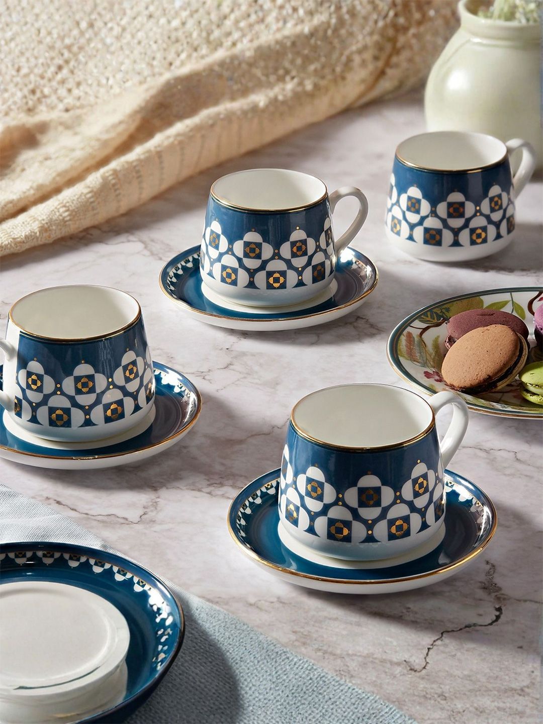 CLAY CRAFT Isha White & Blue 8 Pieces Printed Ceramic Cups & Saucer 280ml-image-9