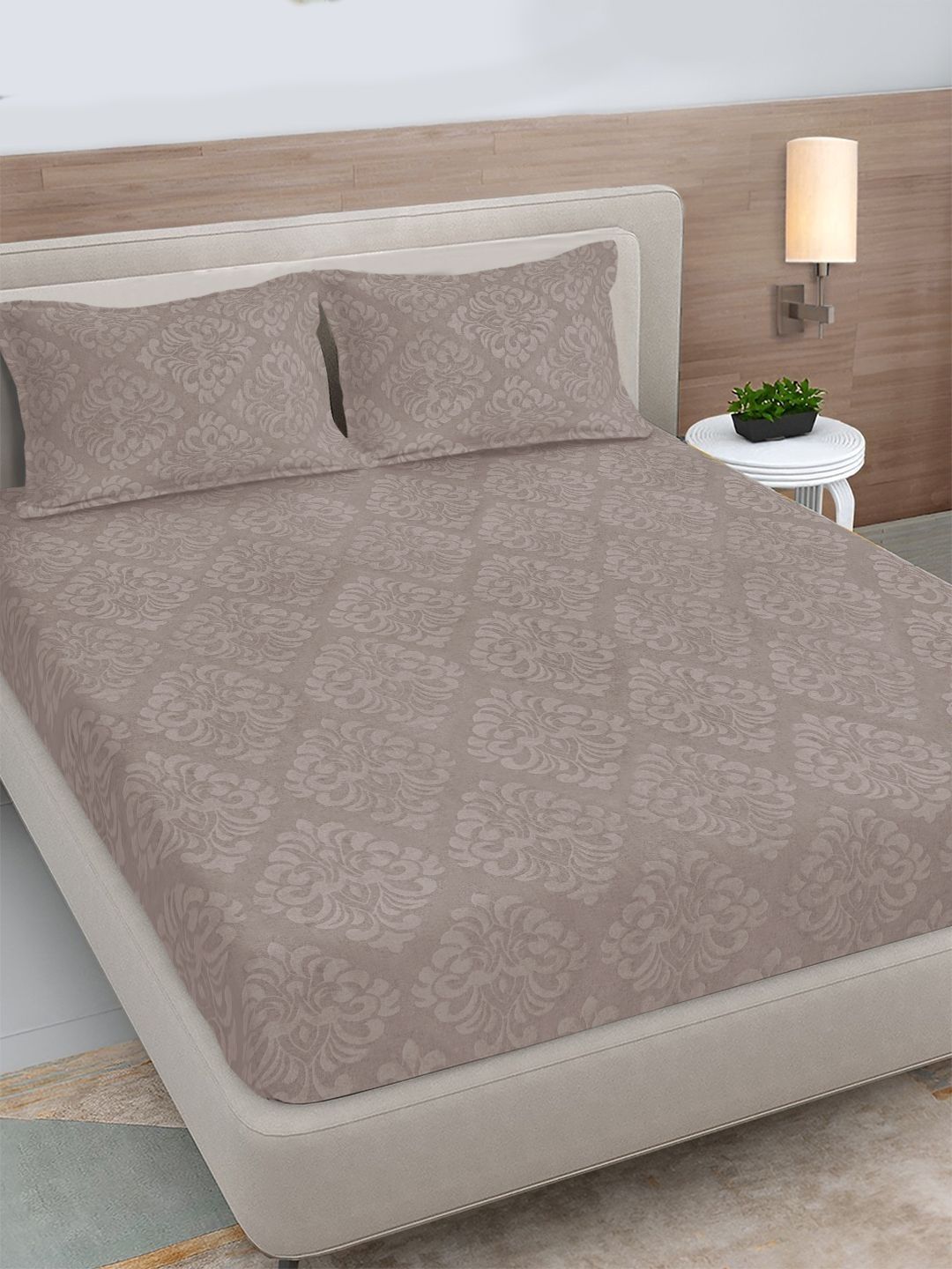 Myntra Elegant Homes Taupe Floral 300 TC Bedsheet with 2 Pillow Covers-picture-53