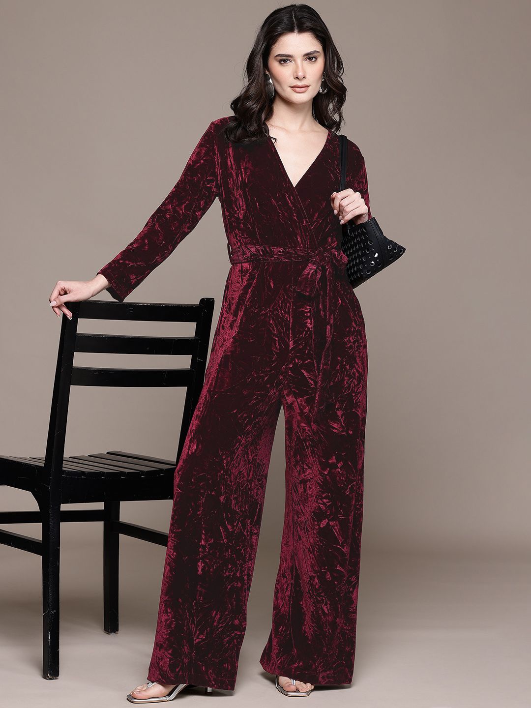 Label Ritu Kumar Velvet Finish V-Neck Basic Party Jumpsuit with Belt-picture-38