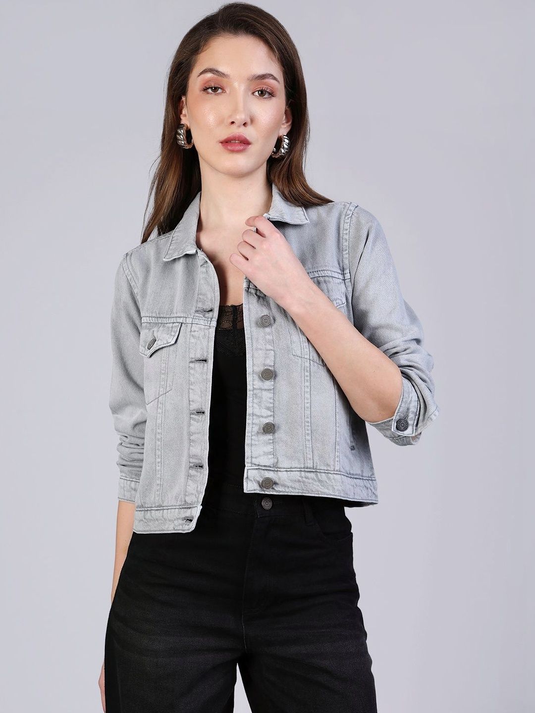 Urbano Fashion Women Light Grey Regular Fit Washed Full Sleeve Denim Jacket-picture-40
