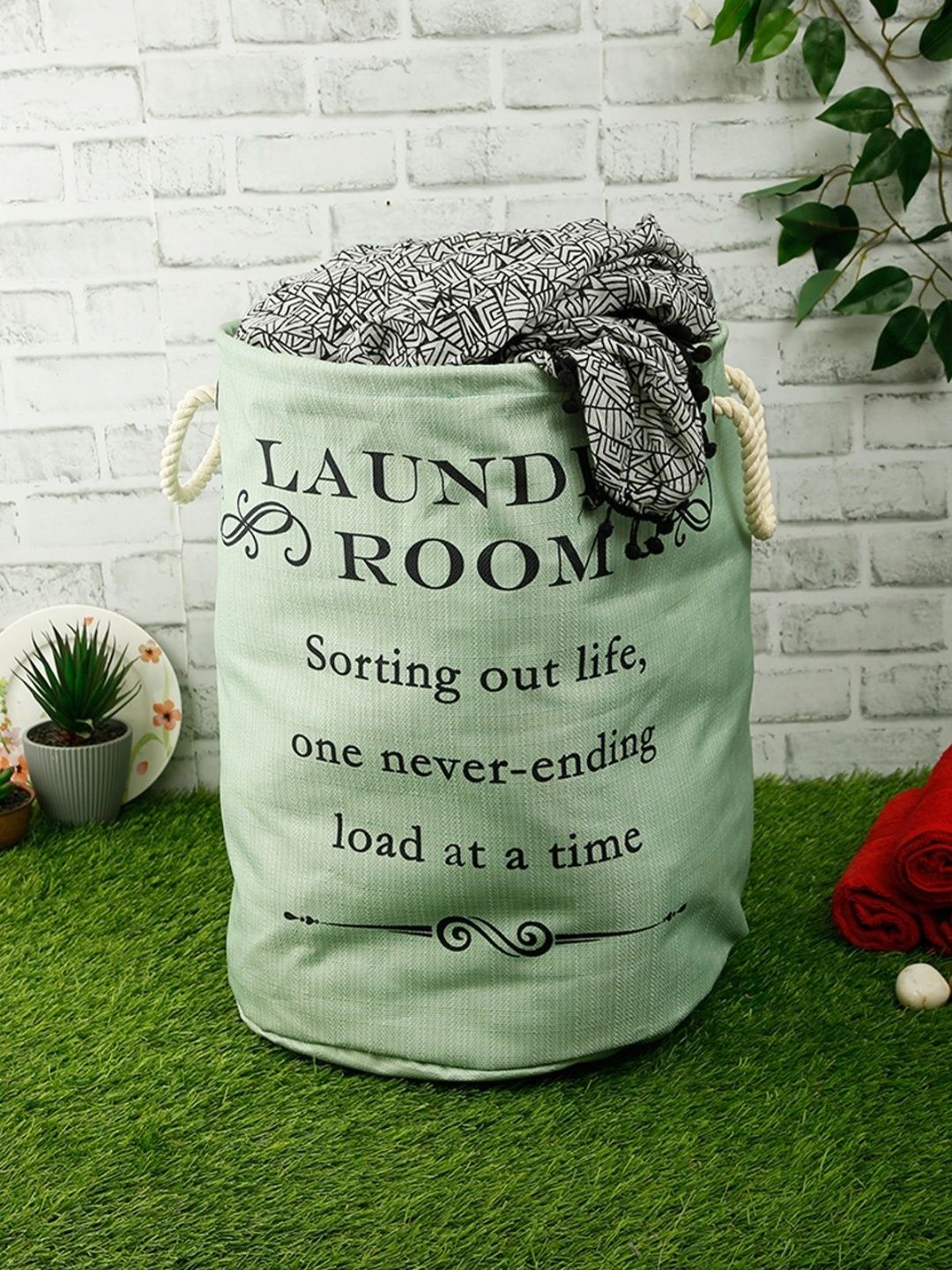 Myntra Elegant Homes Sea Green & Black Printed Foldable Laundry Bag With Handles-picture-13