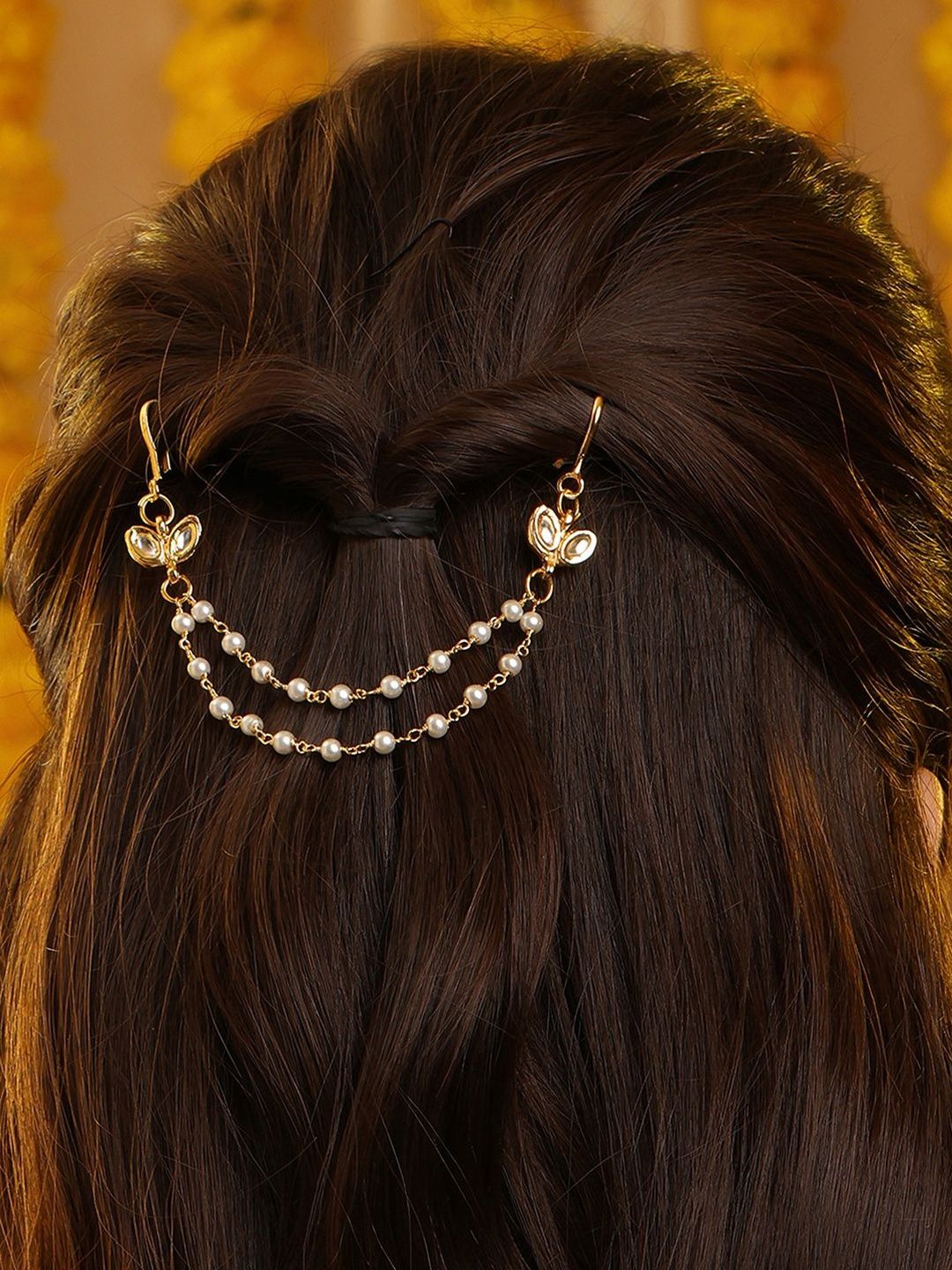 Ruby Raang Gold-Plated Kundan Studded Bun Pin Head Jewellery-image-15