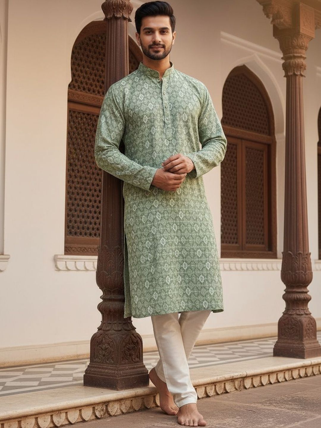 House of Pataudi Embroidered Cotton Mandarin Collar Knee Length Straight Kurta-picture-16