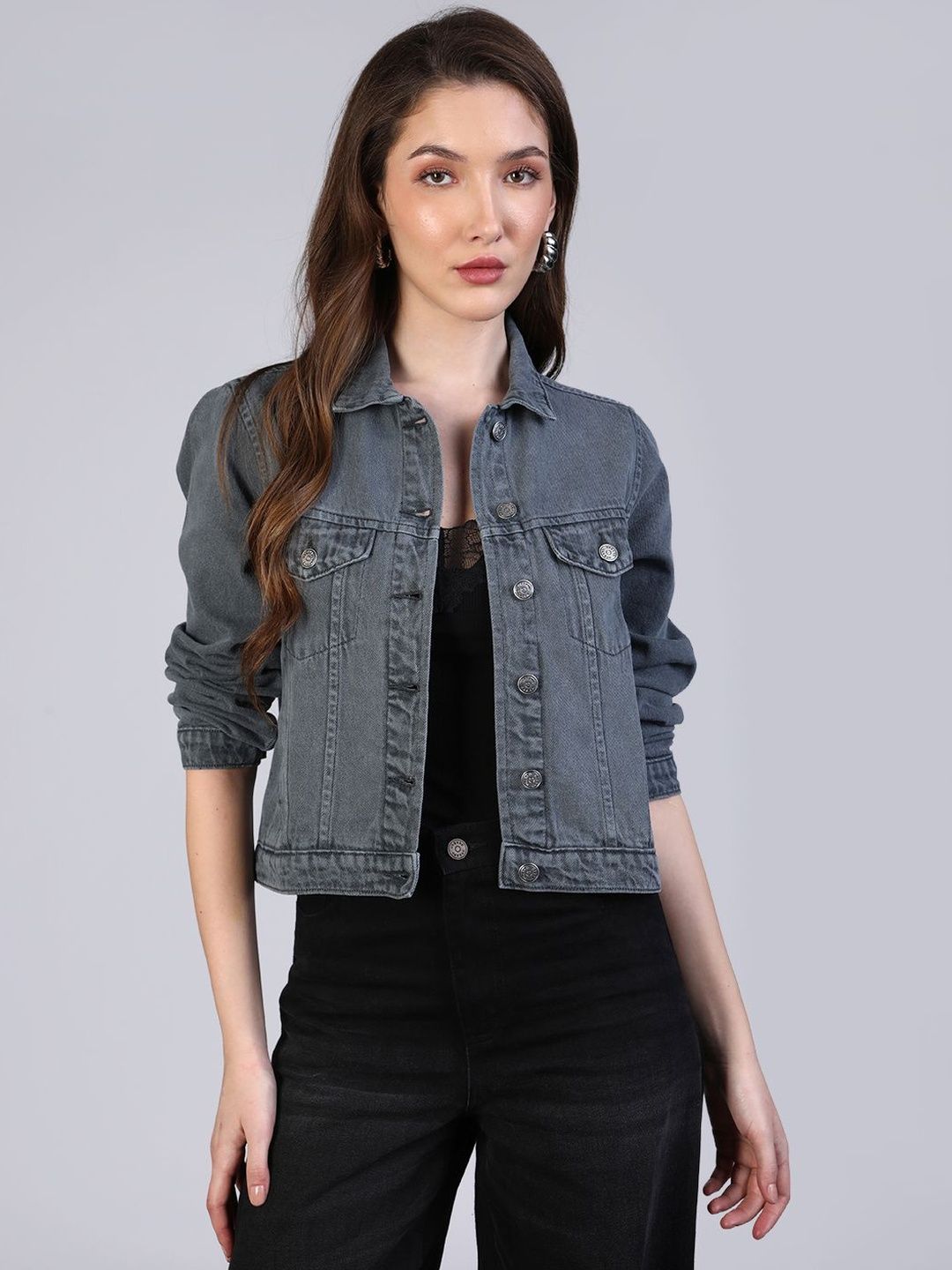 Urbano Fashion Women Grey Regular Fit Washed Full Sleeve Denim Jacket-picture-52