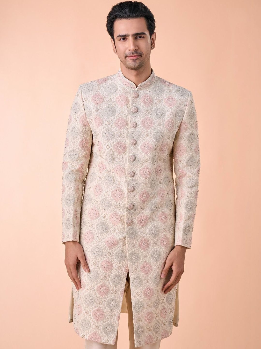 Manyavar Embroidered Mandarin Collar Sherwani Set-picture-35