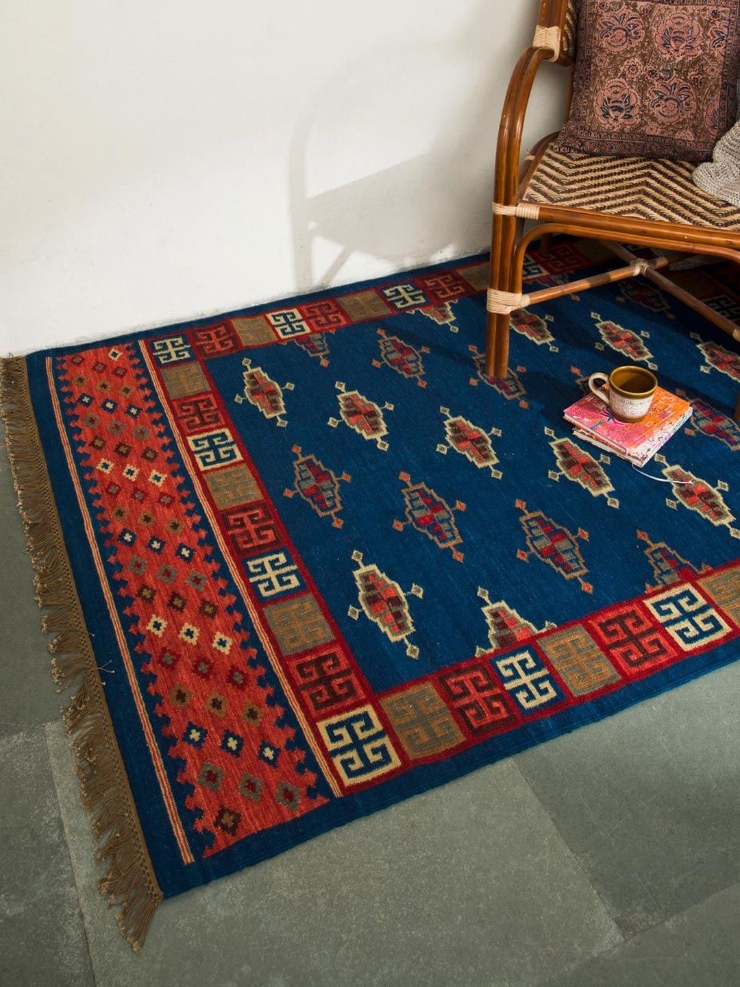 Fabindia Blue & Brown Printed Geometric Dhurrie-picture-41