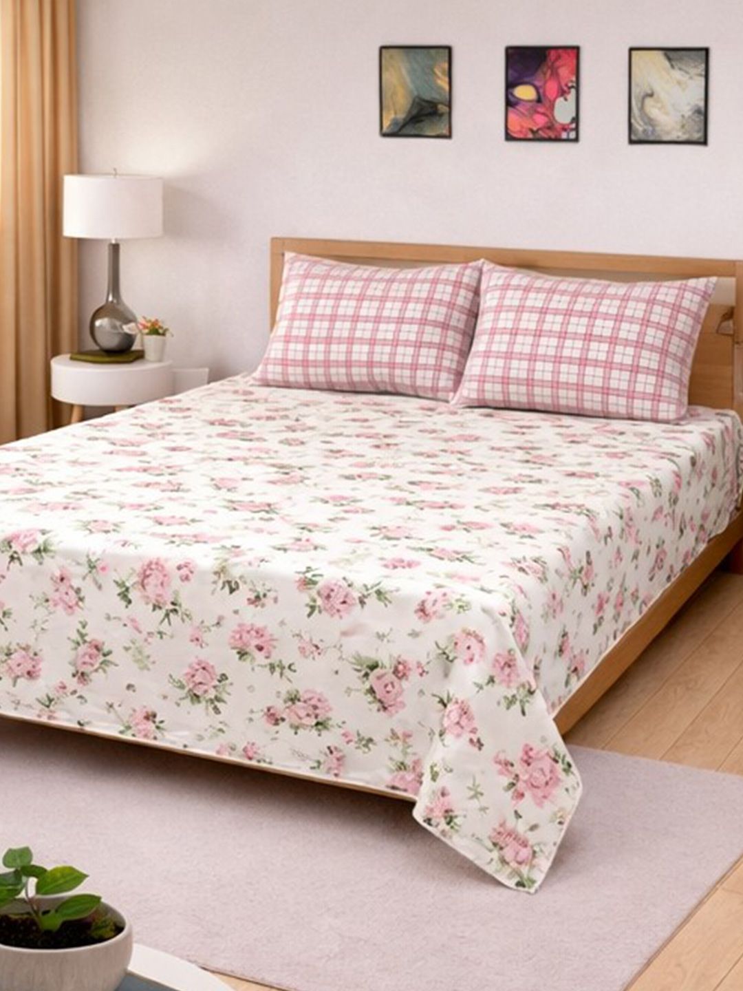Aura White & Pink Floral Printed Cotton Superfine 350 TC King Bedsheet Set-2.75 m x 2.75 m-picture-4