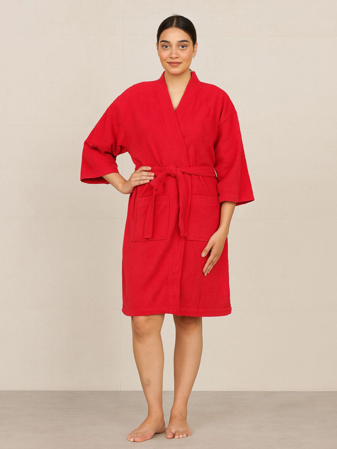 SENSES Red Pure Cotton Soft Feel Tie-Up Knee Length Kimono Bath Robe-picture-6