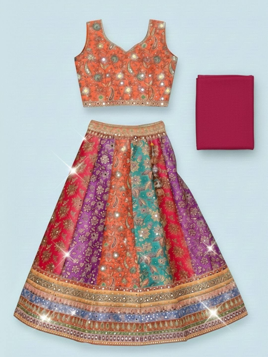 JAY NAGNATH FAB Girls Embroidered Mirror Work Tie and Dye Semi-Stitched Lehenga & Blouse With Dupatta-picture-25