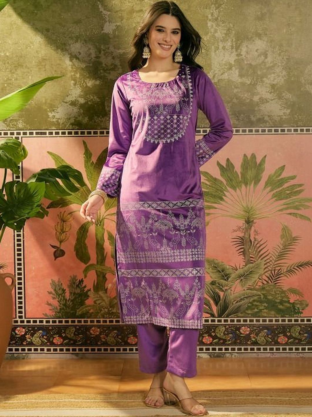 Sangria Embroidered Velvet Round Neck Kurta & Trousers Kurta Set-picture-30