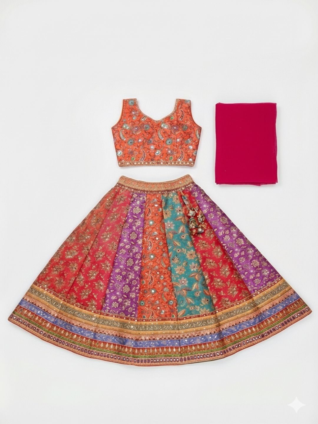 KL9KIDS Girls Embroidered Mirror Work Tie and Dye Semi-Stitched Lehenga & Blouse With Dupatta