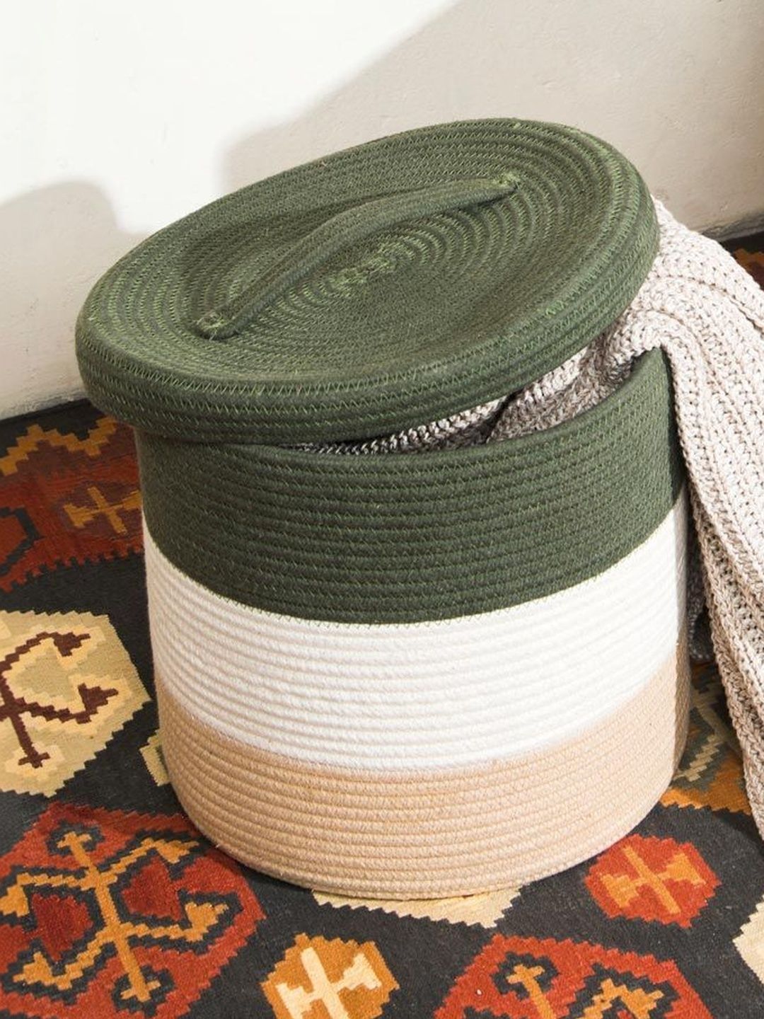 Fabindia Green & Rust Cotton Laundry Bag-picture-11