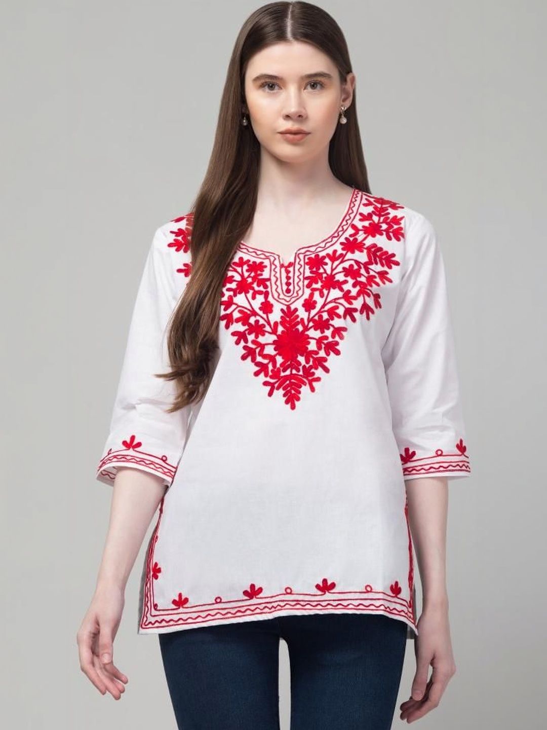SYNTHIFY Ethnic Motifs Embroidered V-Neck Thread Work Thread Work Kurti-picture-4