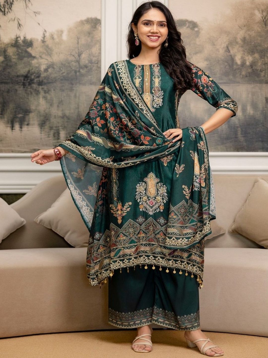 Berrylicious Women Ethnic Motifs Printed Regular Thread Work Kurta with Palazzos & With Dupatta-picture-36