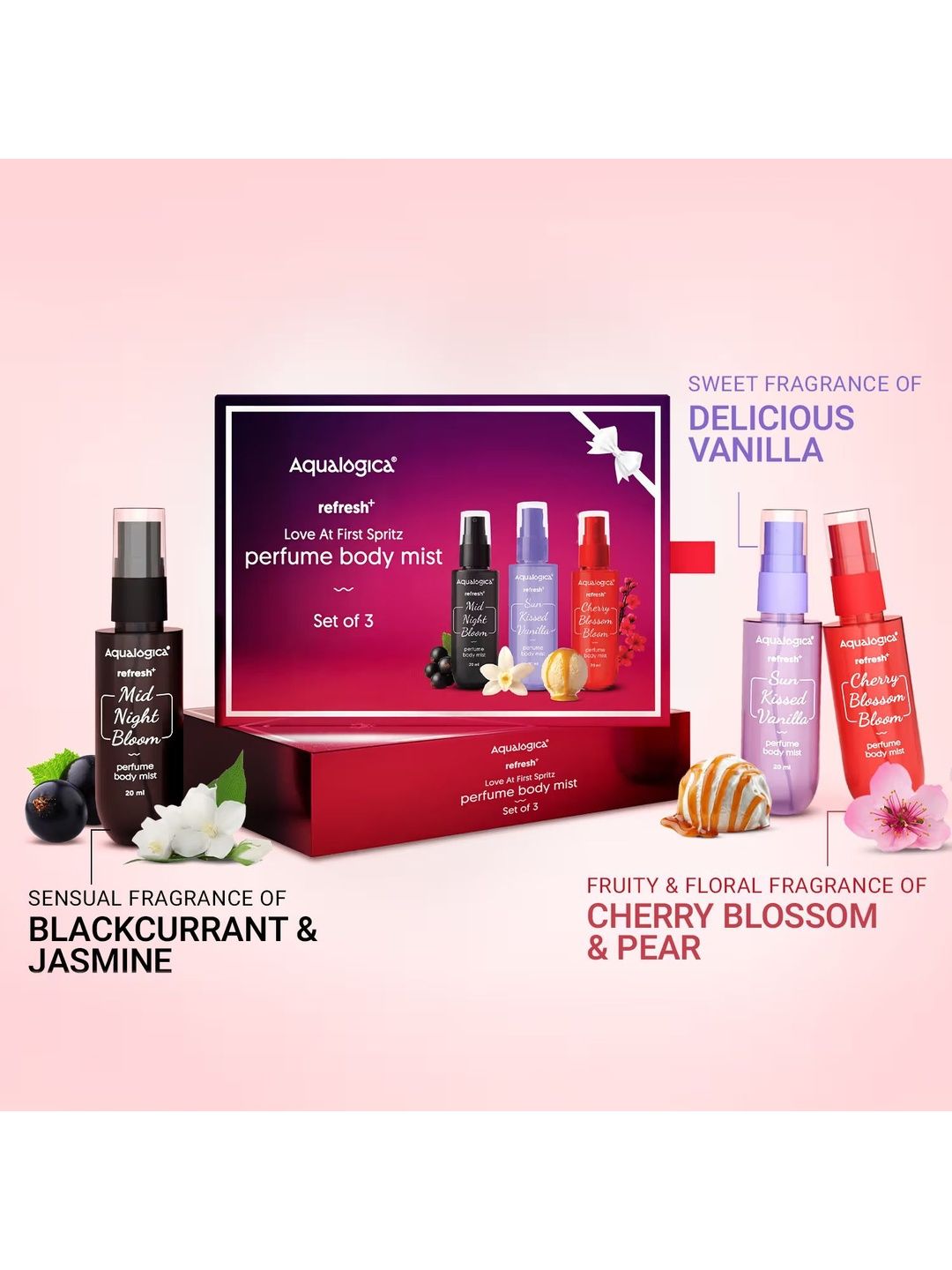 Aqualogica Set Of 3 Sun Kissed Vanilla, Mid Night Bloom & Cherry Blossom Mist - 20 ml Each-image-37