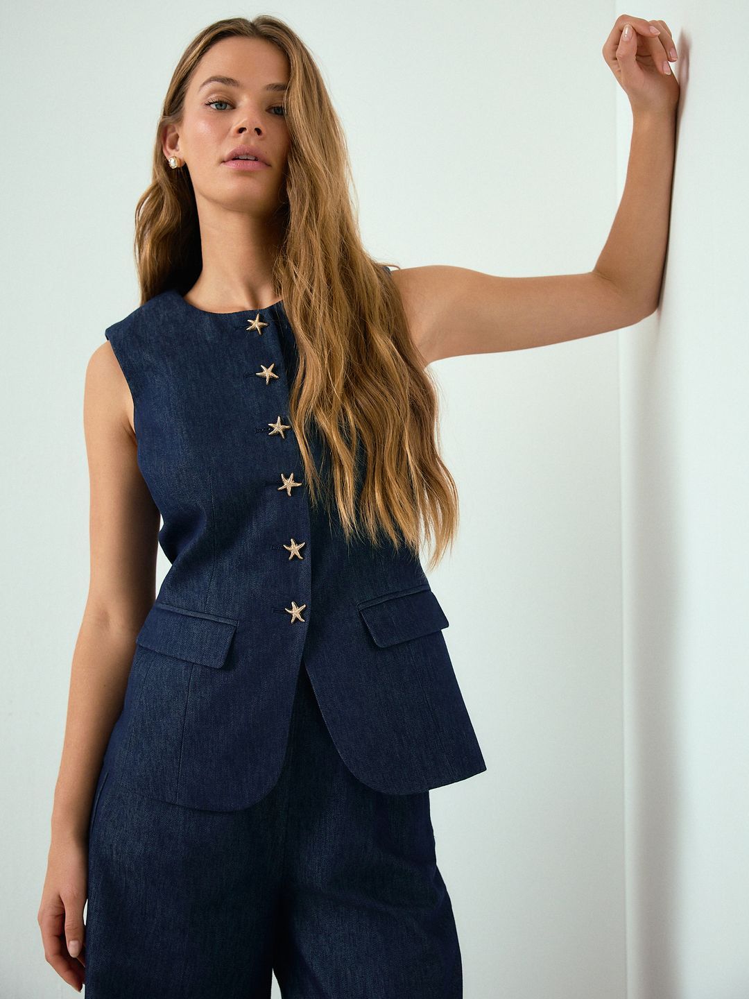 NEXT Denim Look Starfish Detail Round Neck Button-Front Waistcoat