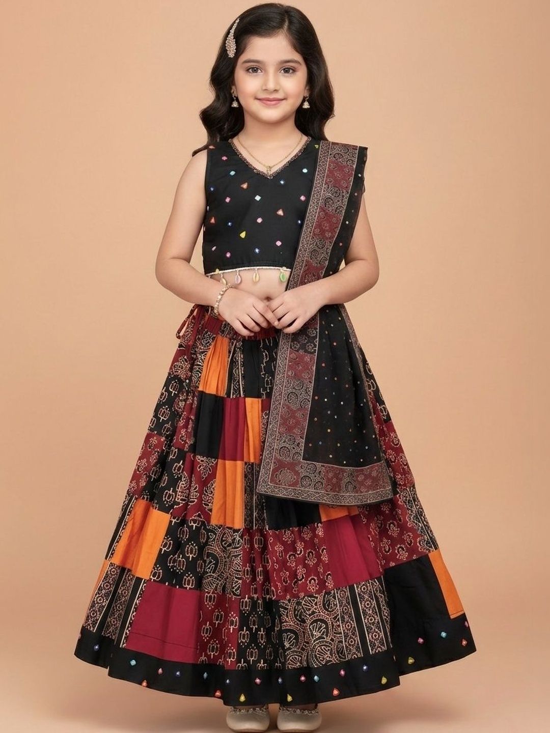 Sangria Girls Printed Cotton V-Neck Flared Lehenga Choli-picture-16
