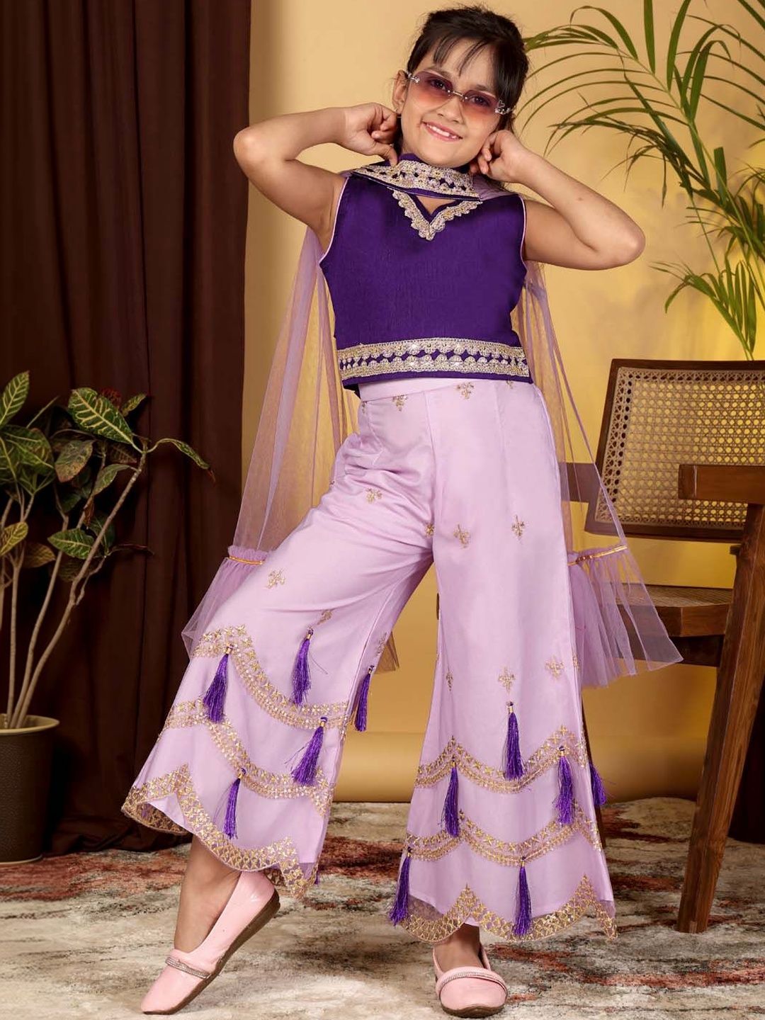 satyamfab Girls Ethnic Motifs Embroidered Regular Thread Work Top with Palazzos & With Dupatta