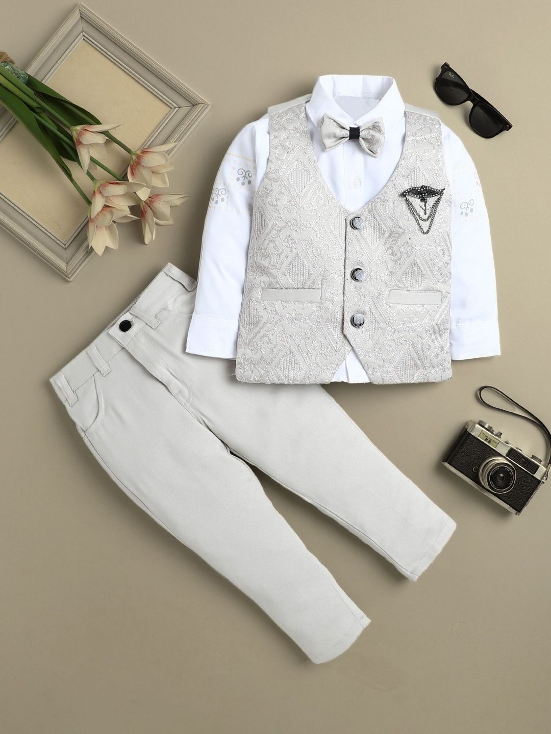 KALINI Boys Embroidered 3 Piece Suit With Bow-image-5