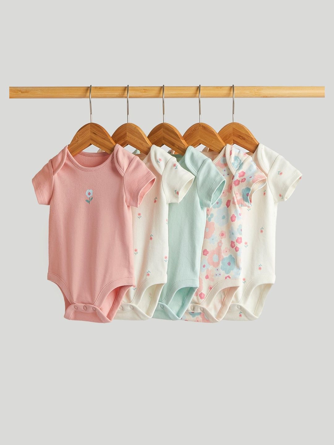 mothercare Girls Pack of 5 Printed Cotton Round Neck Bodysuit