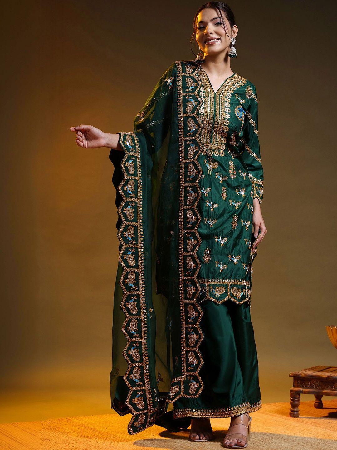 ZARIKALI Women Ethnic Motifs Embroidered Regular Sequinned Silk Crepe Kurta with Palazzos & With Dupatta-image-44