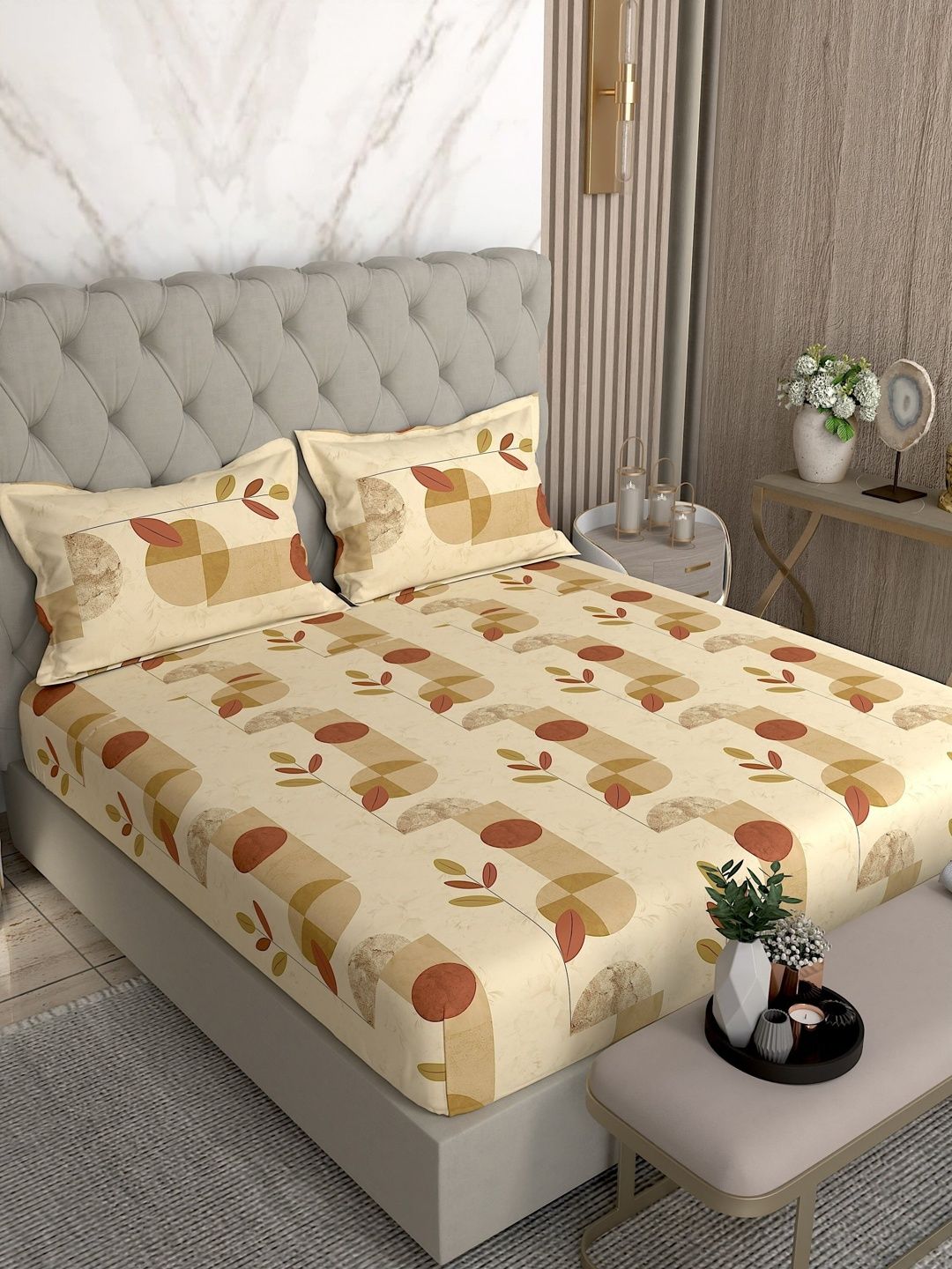 Pure Decor Cream-Coloured & Mustard Bedsheet with 2 Pillow Covers-image-45