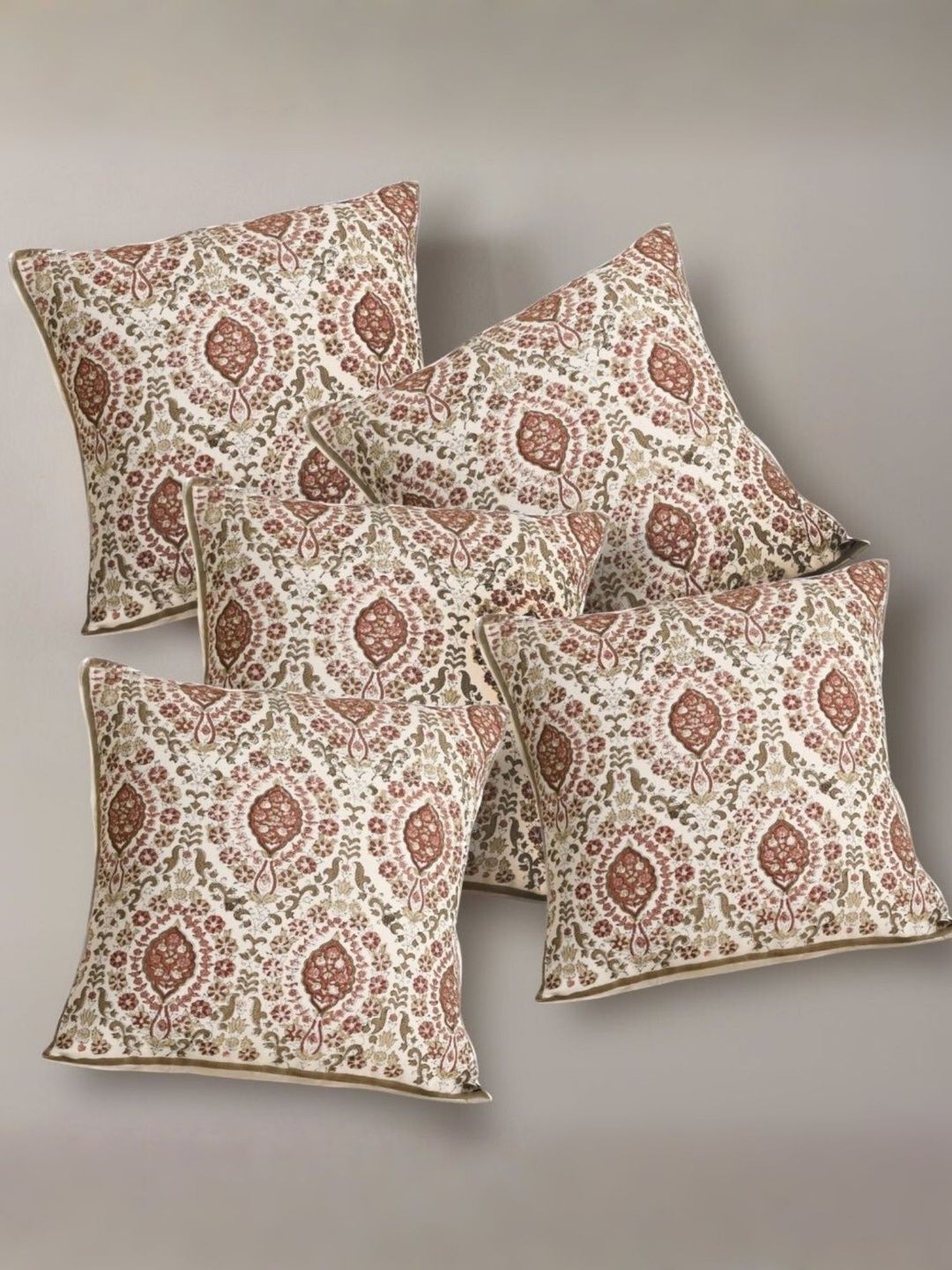 Peepul Tree Off White & Rust Set of 5 Ethnic Motifs Square Cushion Covers-image-34