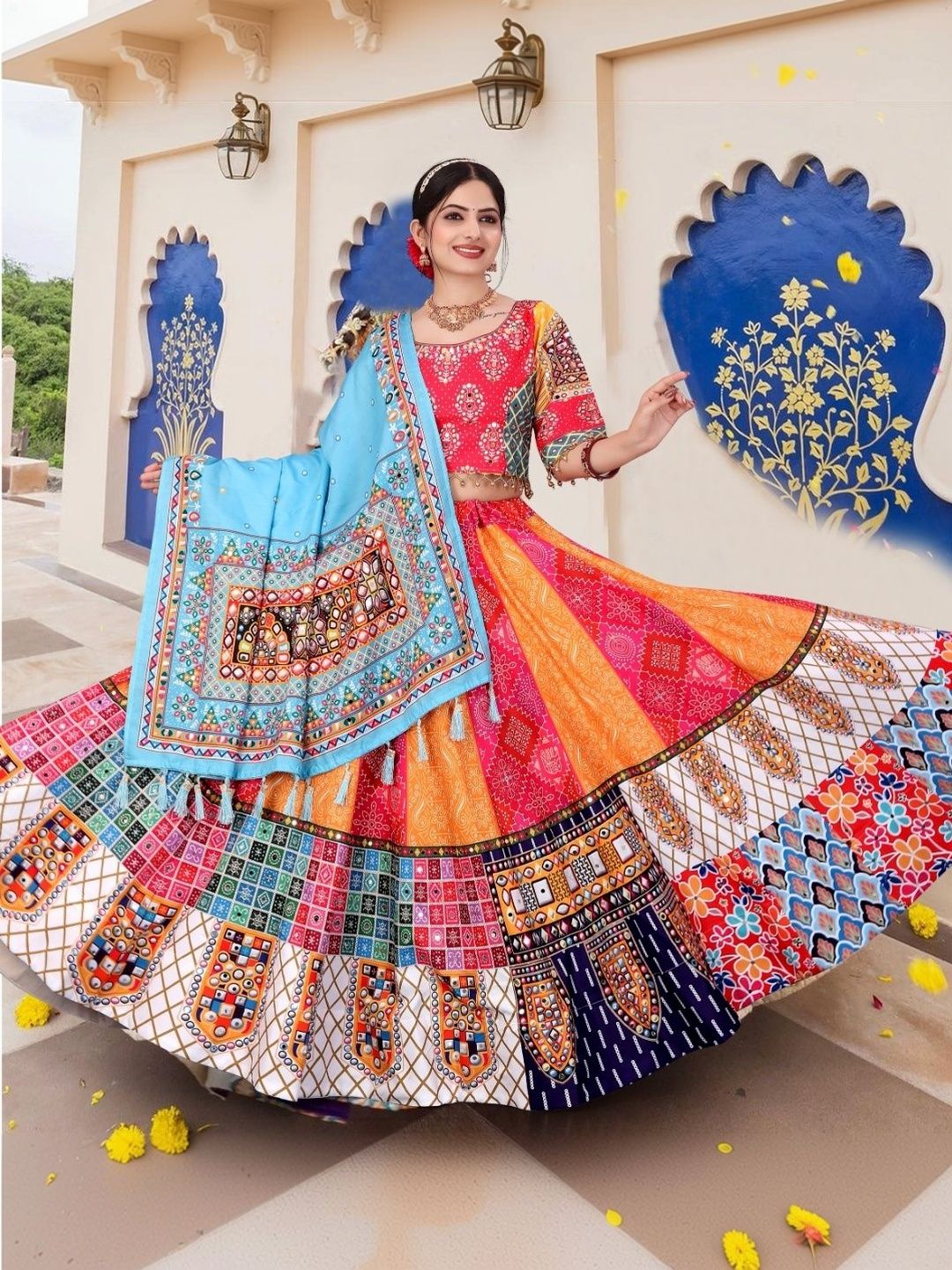 Shubh-Viyan Textiles Embellished Mirror Work Semi-Stitched Lehenga & Unstitched Blouse With Dupatta-image-30