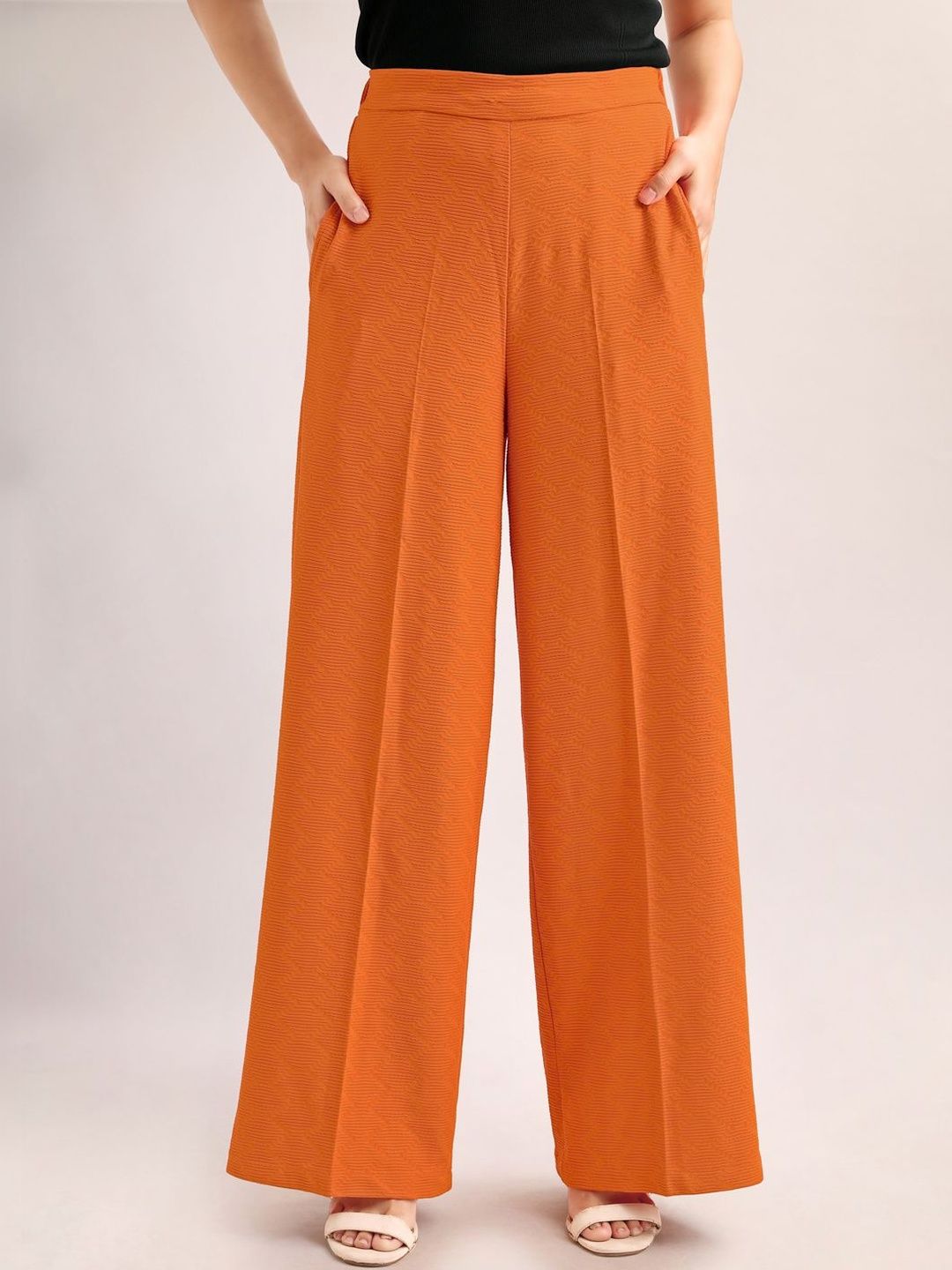 MILOST Women Textured Relaxed Straight Leg Loose Fit High-Rise Easy Wash Trousers-picture-30