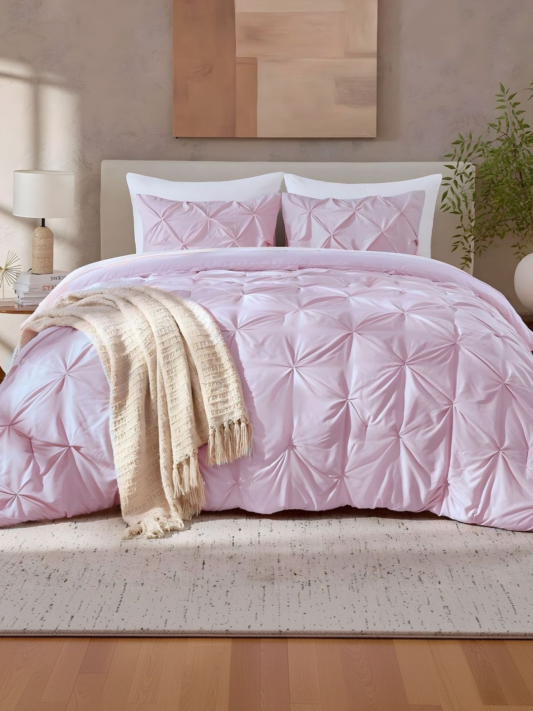 The White Moss Pinch Pleat Pink Cold Weather Comforter King Size With 2 Pillow Covers-image-42