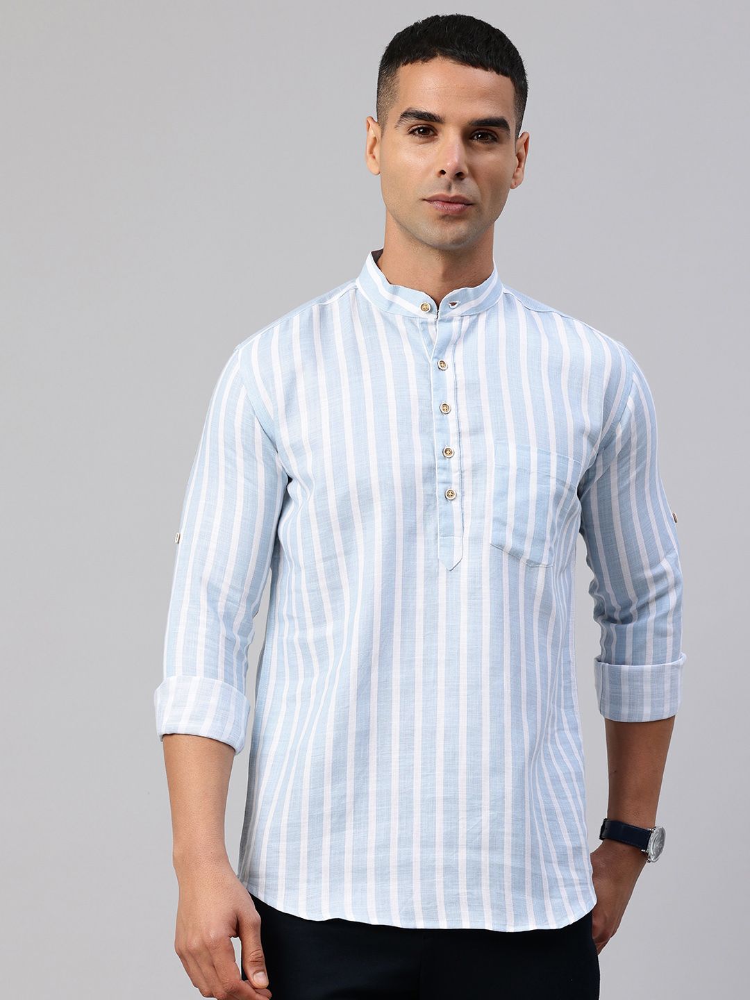 Majestic Man Striped Roll-Up Sleeve Short Kurta-picture-42