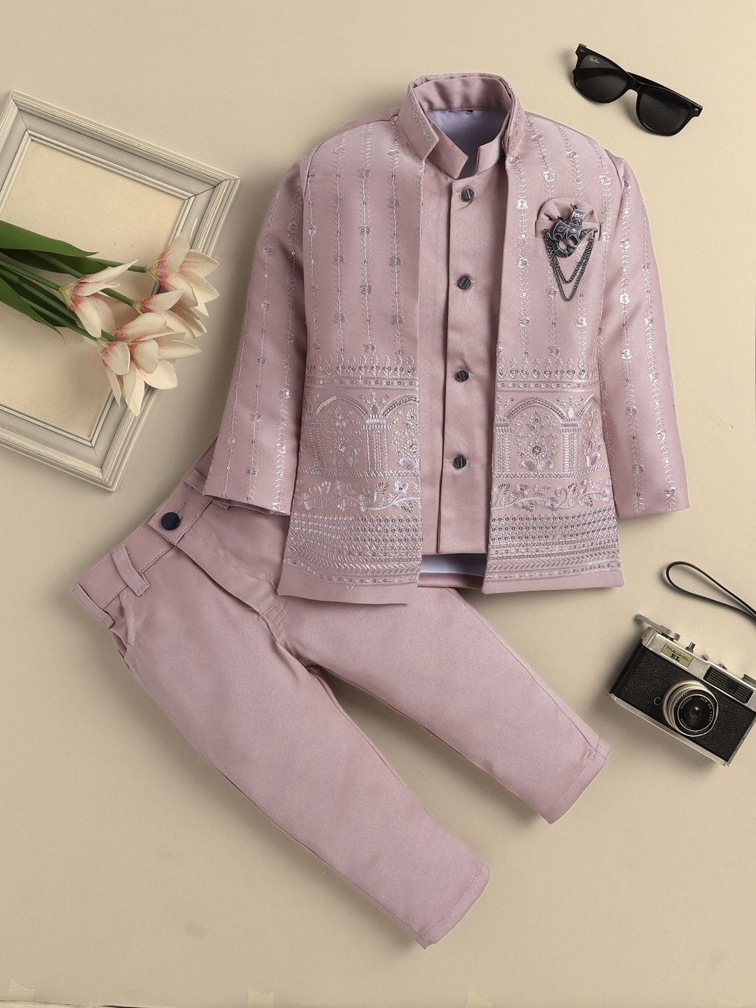KALINI Boys Floral Embroidered Mandarin Collar Sherwani Set-picture-11