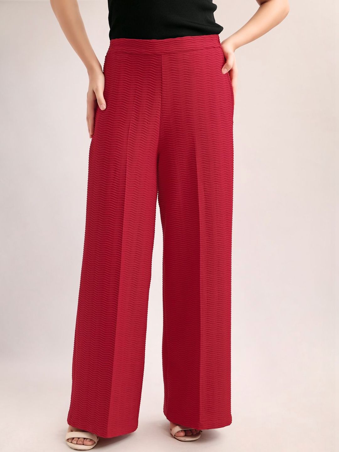 MILOST Women Textured Relaxed Straight Leg Loose Fit High-Rise Easy Wash Trousers-picture-31