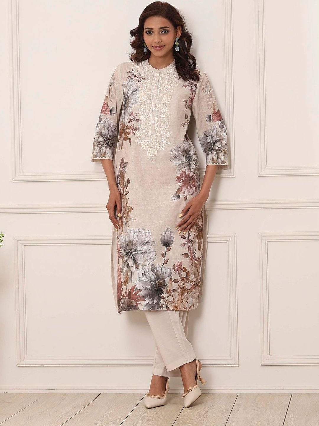 Biba Women Floral Printed Regular Thread Work Pure Cotton Kurta with Trousers-picture-56