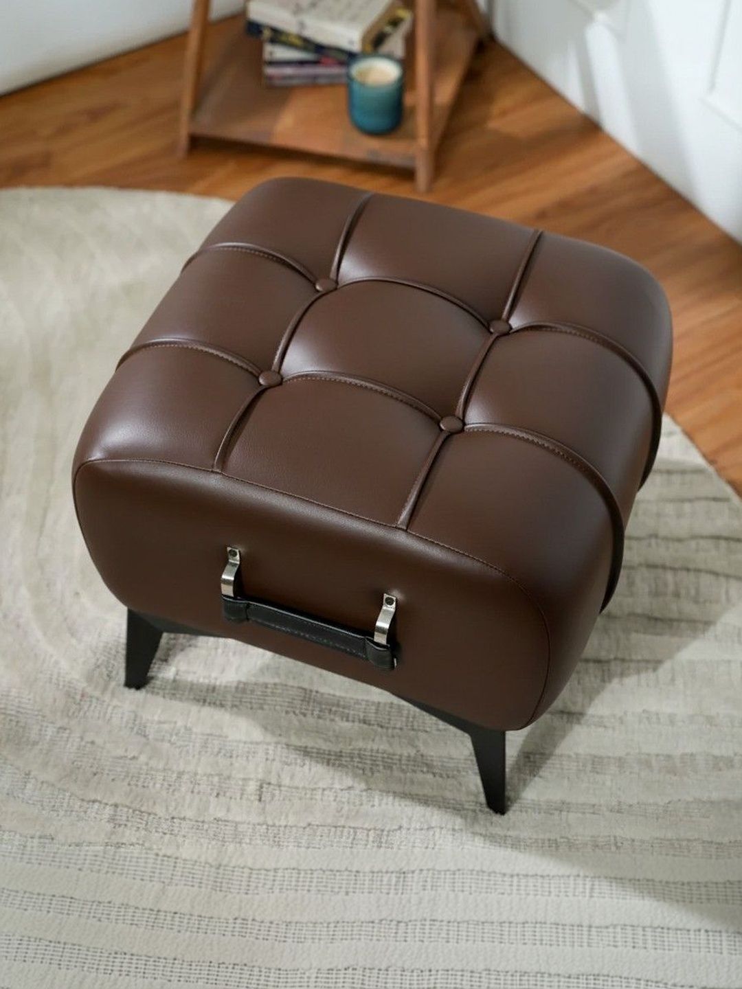 THREADVIBE LIVING Brown & Black Metal Leather Tufted Square Shaped Ottoman With Handle-picture-36