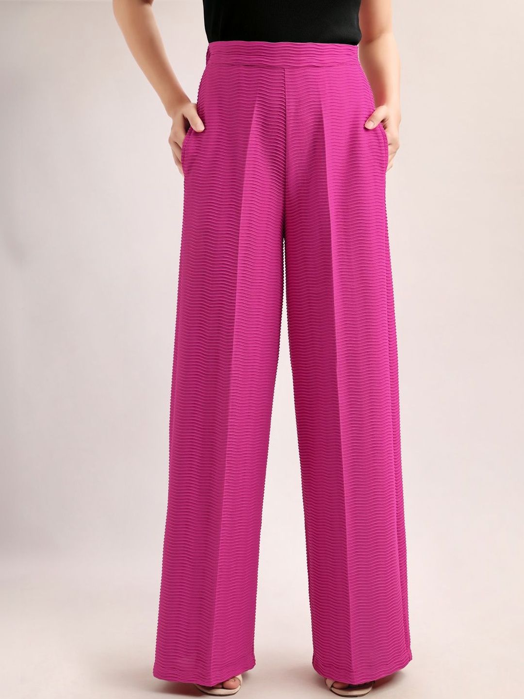 MILOST Women Textured Relaxed Straight Leg Loose Fit High-Rise Easy Wash Trousers-picture-33