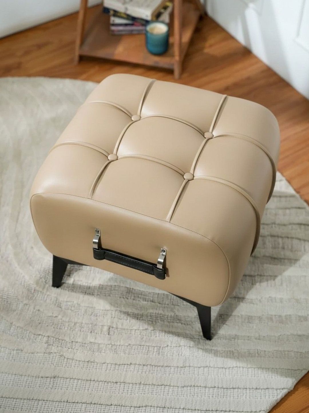 THREADVIBE LIVING Biege & Black Metal Leather Tufted Ottoman With Handle-picture-30