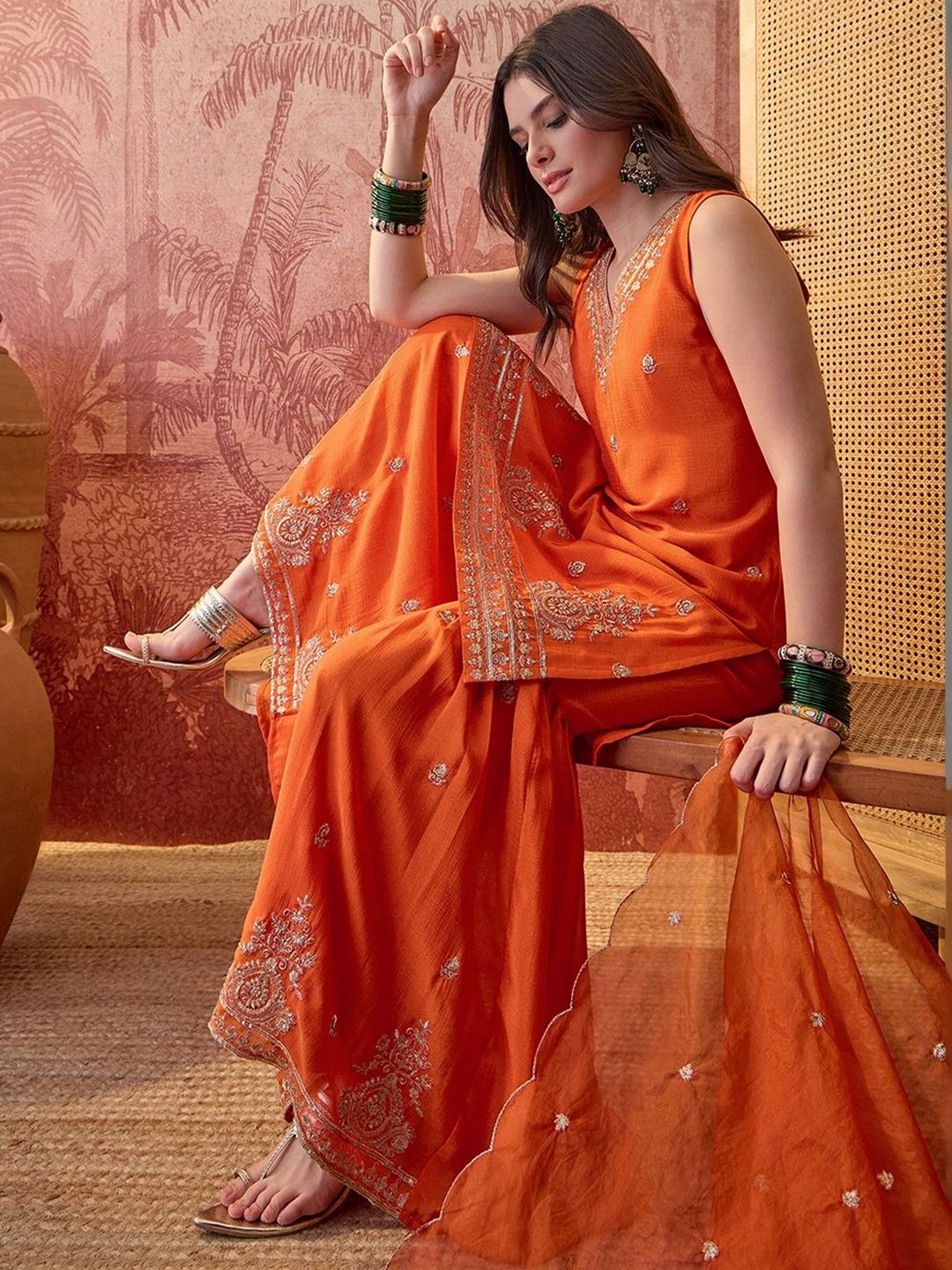 Sangria Embroidered V-Neck Kurta & Sharara Kurta Set-picture-55